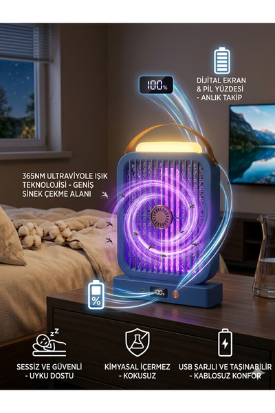 Mosquit 365NM Dijital Ekranlı Akıllı Sinek Öldürücü Lamba - USB Şarjlı Masaüs...