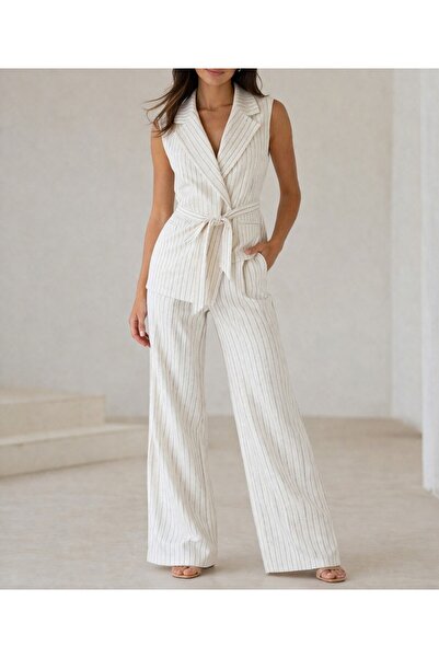 Lavanta Tekstil Yula Blue Striped Long Vest Set