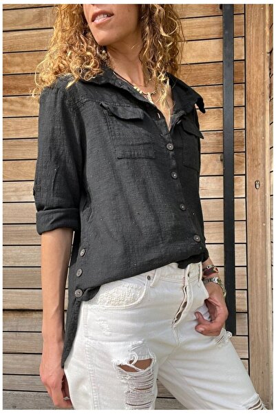 Lavanta Tekstil Πλενόμενο λινό πουκάμισο με κουμπιά στο πλάι και διπλές τσέπε...