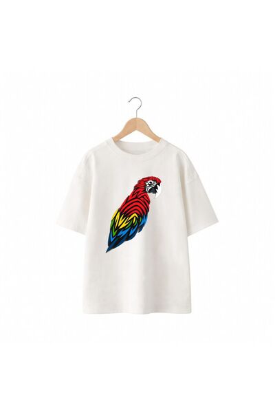 playwear Tricou cu decolteu rotund, cu imprimeu cu papagal alb, 100% bumbac, ...