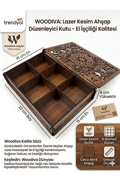 WOODIVA AHŞAP Lazer Kesim 6 Bölmeli Desenli Çok Amaçlı Takı & Saat Organizer ...