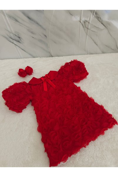 Elwirababyboutiqe فستان أحمر مع ورود ثلاثية الأبعاد