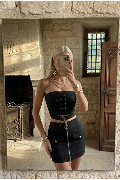 Afitapbutikmoda Straplez Model Kuşgözü Kemer Detaylı Crop Fermuar Detay Şort ...