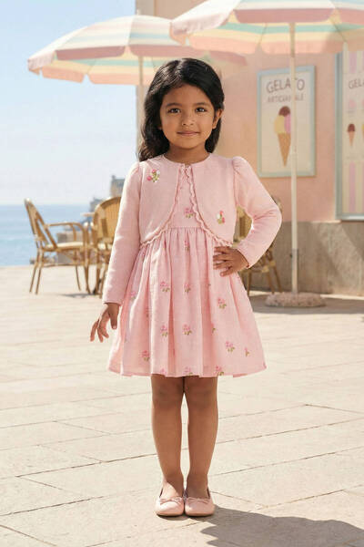 Pamina Girls' Dress - Pink - Embroidered with Flowers with a Jacket