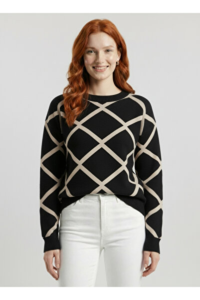 Neden Tekstil Women's Black Beige Patterned Oversize Knitwear Sweater