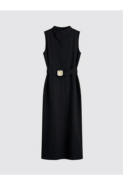 LC Waikiki LC WAIKIKI Μαύρο φόρεμα με ψηλό γιακά και ζώνη με σκίσιμο