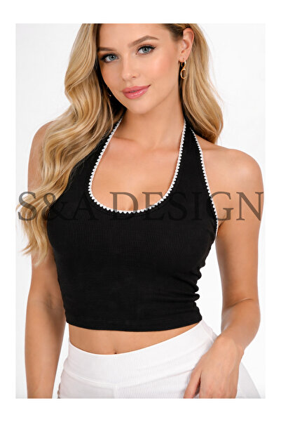 S&A DESIGN ΚΡΟΠ ΤΟΠ ΜΕ ΛΑΙΜΟΥΡΓΙΑ HALTER, 100% ΒΑΜΒΑΚΙ, ΜΕ ΛΕΠΤΟΜΕΡΕΙΕΣ ΚΕΝΤΗ...