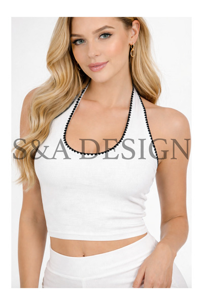 S&A DESIGN Top crop premium, cu guler halter, 100% bumbac, cu detalii brodate.