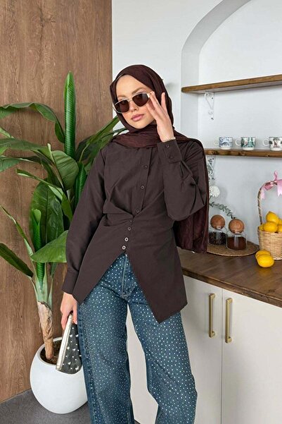 Hazamoda Πουκάμισο ποπλίνα με εφαρμογή στη μέση, καφέ χρώμα