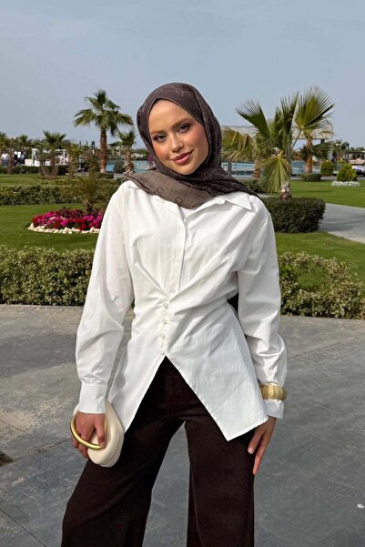 Hazamoda Πουκάμισο ποπλίνα με εφαρμογή στη μέση, λευκό