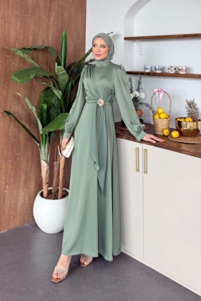 Hazamoda Σατέν βραδινό φόρεμα με αγκράφα στη μέση, χρώμα μέντας