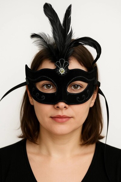 SORA GROUP ®   Black Color Feathered Black Suede Covered Party Prom Mask 20X1...