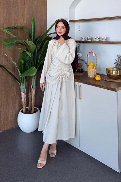 Hazamoda Μποζνά Λινό Φόρεμα Μπεζ