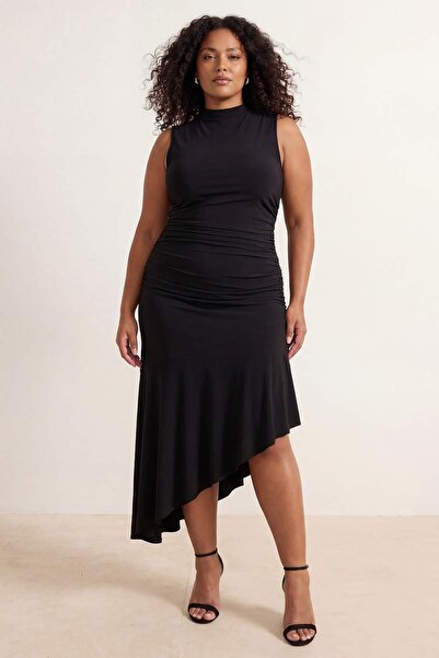 Trendyol Curve Schwarzes, gestricktes, stilvolles Abendkleid in Übergröße mit...