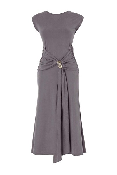 Συλλογή Trendyol Ανθρακί Premium Lyocell Bodycon Αμάνικο Πλεκτό Φόρεμα με Λεπ...