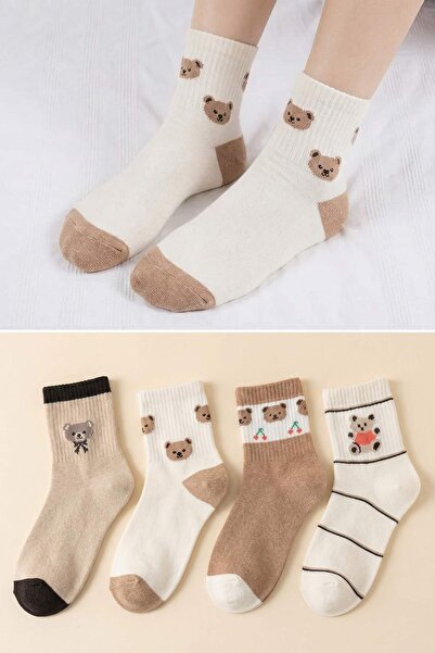 Συλλογή Trendyol Μπεζ-Πολύχρωμες Πλεκτές Κάλτσες Ζακάρ με Σχέδια Ζώων 4 τεμαχ...
