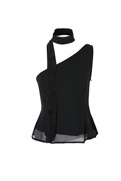 Trendyol Collection بلوزة حفلات بتفاصيل وشاح من الحجر الأسود مطبوع TPRSS26BZ0...