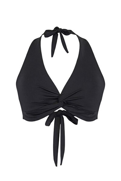 Trendyol Curve Top de bikini negru cu gât halter, mărimea cu detaliu cu șnur ...