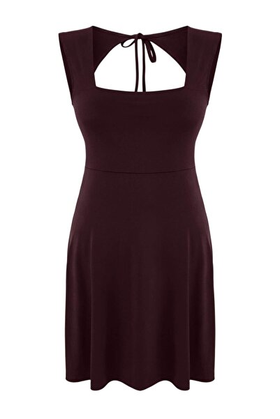 Trendyol Curve Brown Square Collar Skater Sandy Plus Size Dress Tbbss26Ah00216