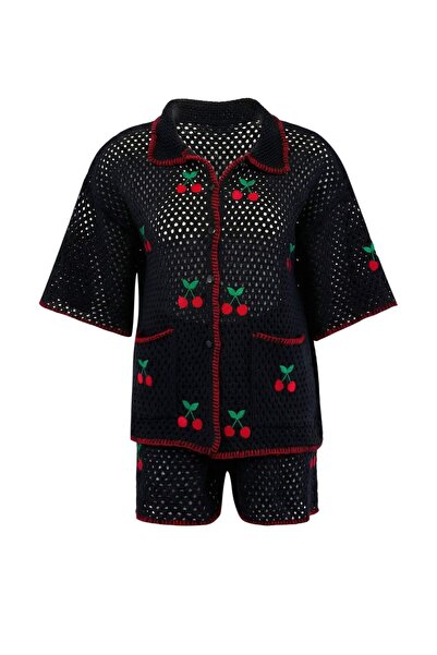 Trendyol Collection Black Knitwear Oversized Cherry Motif 100% Cotton Beach S...