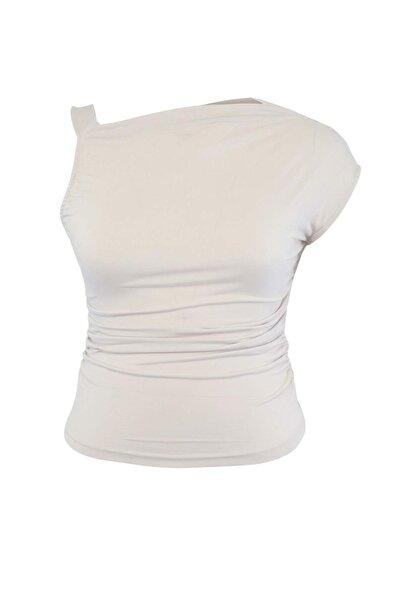 Trendyol Curve Stone Asymmetric Collar Detailed Sandy Knitted Plus Size Blous...