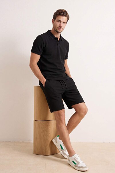 Kolekce Trendyol Černá texturovaná tepláková souprava Regular Fit s polo líme...