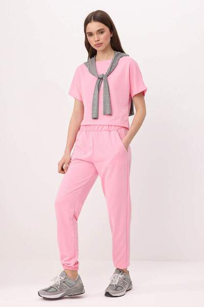 Trendyol Collection Pink Plain Relaxed Bat Sleeve Short Tight Leg Buckle 100%...