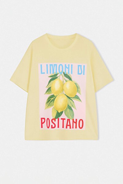 Trendyol Curve Yellow 100% Single Jersey Printed Oversize/Relaxed Fit Knitted...