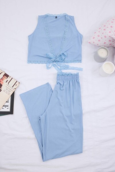 Trendyol Collection طقم بيجامة محبوكة مزيج فيسكوز دانتيل فيسكوز قماش جيرسي وح...