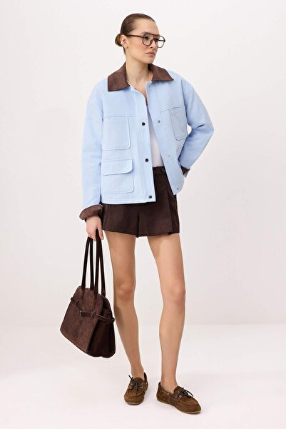 Συλλογή Trendyol Μπλε βελούδινο καπιτονέ παλτό κανονικής εφαρμογής με γιακά T...