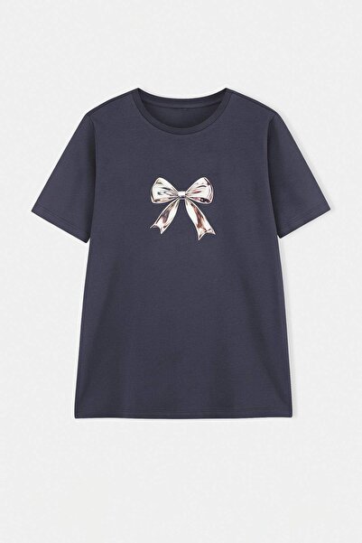 Trendyol Curve Anthracite Regular Fit Bowknot Printed Plus Size T-Shirt Tbbss...