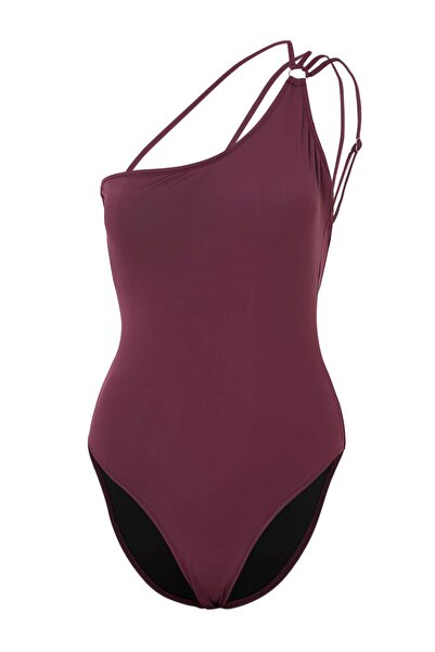 Συλλογή Trendyol Μαγιό με έναν ώμο και ανοιχτή πλάτη σε σχέδιο μελιτζάνας TBE...