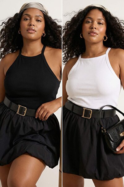 Trendyol Curve Black-White 2-Pack Halter Neck Basic Plus Size Undershirt Tbbs...