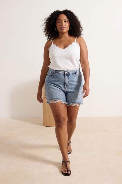 Trendyol Curve Μπλε σκισμένο ελαστικό ψηλόμεσο μίνι 100% Βαμβάκι Non-Stretch ...