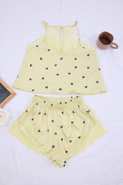 Συλλογή Trendyol Σετ Πιτζάμες Κίτρινη Καρδιά Σατέν Υφαντό THMSS24PT00117