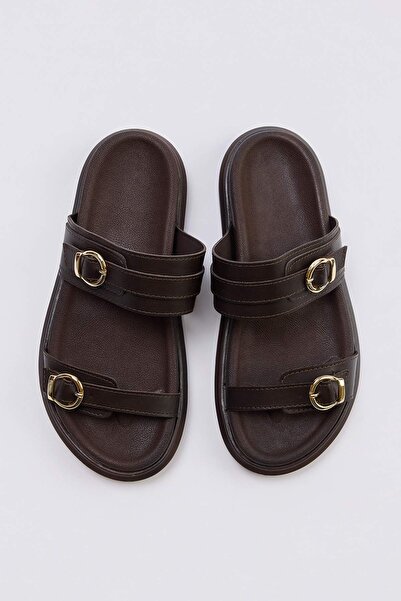 TRENDYOL SHOES Γυναικείες παντόφλες λεοπάρ διπλή πόρπη καφέ χοντρή σόλα TAKAW...