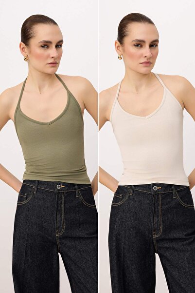 Trendyol Kollektion Khaki-Stone Einfarbiges, eng anliegendes, ärmelloses, ger...