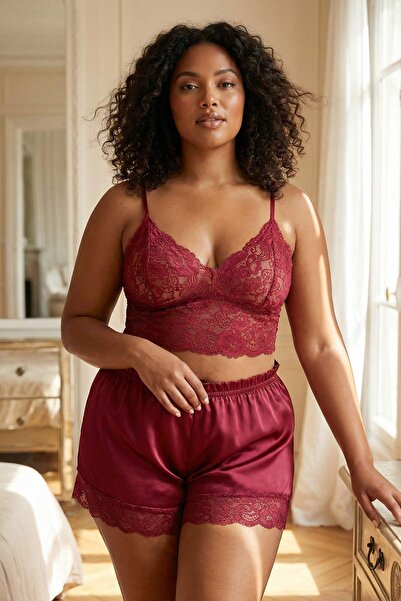 Trendyol Curve Σετ προίκας 3 τεμαχίων από μπορντό σατέν TBBSS26AI00069