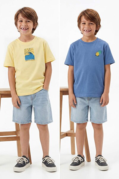 TRENDYOLKIDS Gelb-Indigo 2er-Pack bedruckte Strick-T-Shirts für Jungen TKDSS2...