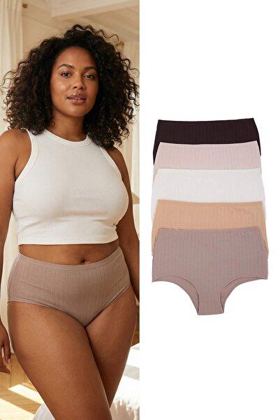 Trendyol Curve Καφέ-Πολύχρωμο Πακέτο 5τμχ Βαμβάκι Ψηλόμεσα Πλεκτά Σλιπ Hipste...