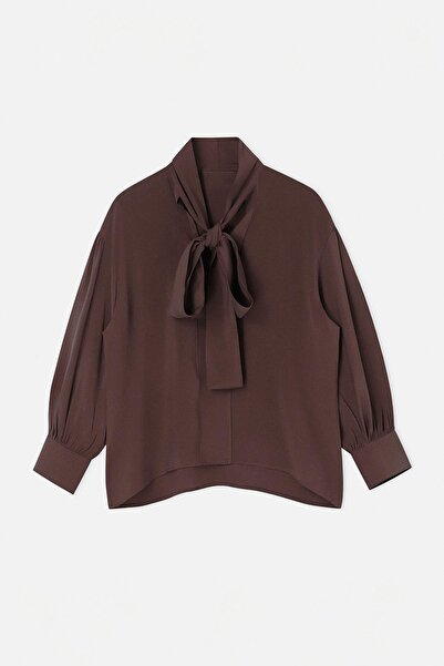 Drop by TrendyolMilla Brown Tie-Neck Modal Comfortable Fit Wide Cuff Shirred ...