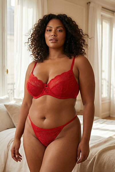 Trendyol Curve Κόκκινο Σετ Δαντέλα τεμαχίων με διακοσμητικό ρέλι κορδόνια και...