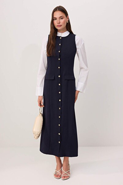 Trendyol Modest Marineblaues, ungefüttertes, schlicht gewebtes Kleid und Over...