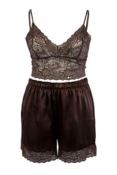 Trendyol Curve Braunes Satin-3-teiliges Mitgift-Set TBBSS26AI00069