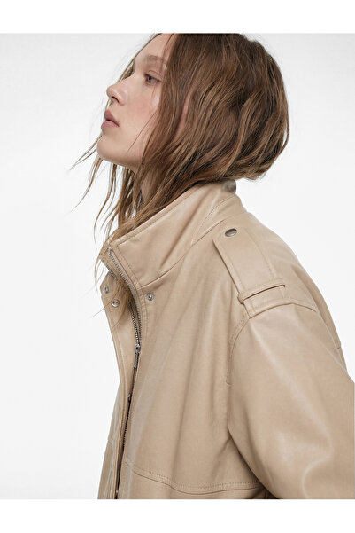 Koton Zippered Long Sleeve Stand Collar Oversized Faux Leather Jacket with Po...