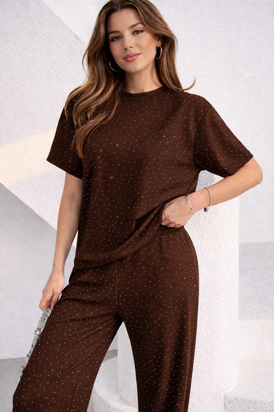 İLKCET MODA Γυναικείο Σετ Μπλούζα-Παντελόνι από Καφέ Μοντάλ Ύφασμα με Πέτρινη...