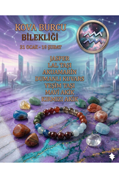 Tasarım Kova Burcu Bilekliği - Jasper, Lal Taşı, Akuamarin, Dumanlı Kuvars, Y...