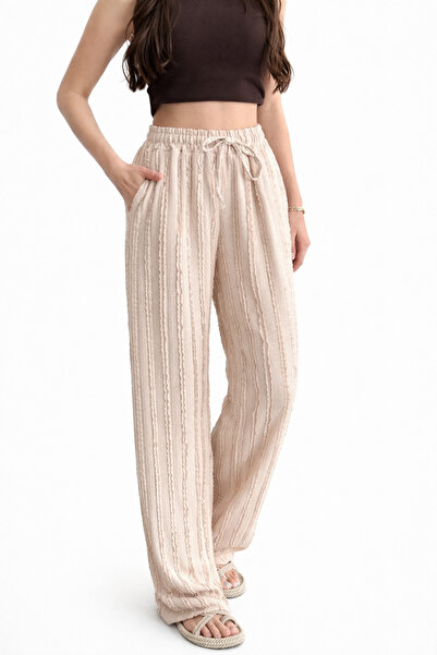 İLKCET MODA Women's Beige Textured Elastic Waist Casual Pants