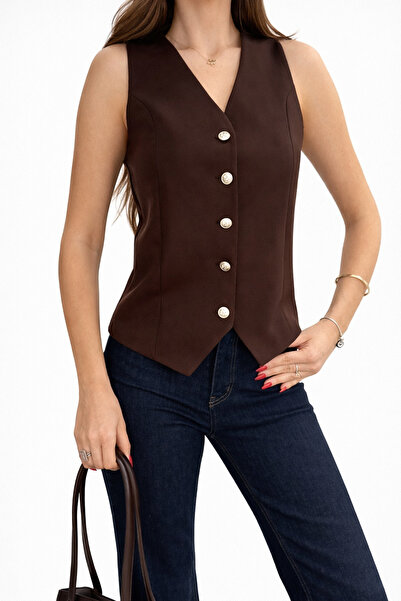 İLKCET MODA Atlas Fabric Brown Silver Buttoned Women's Vest