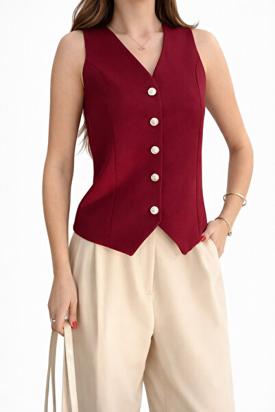 İLKCET MODA Atlas Fabric Burgundy Silver Buttoned Women's Vest